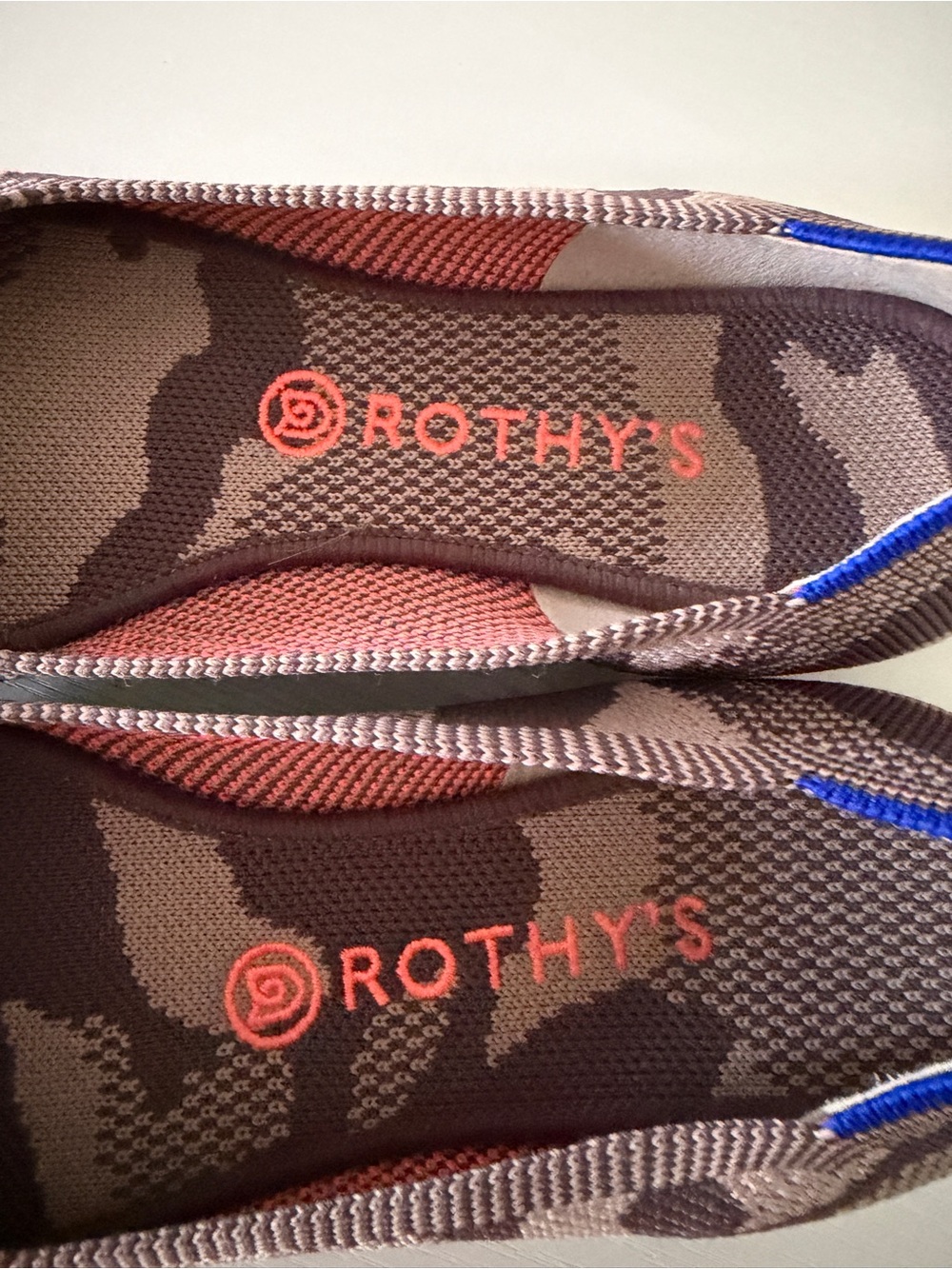 Rothy's Brown Camo Knit Flats with Coral Stripe and Blue Heel Trim 9.5 - Picture 4 of 4